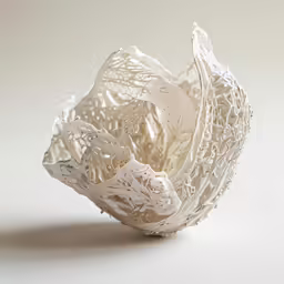 a sculpture consisting of large white nets, sitting on a white surface