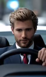 a man in a suit is driving a car