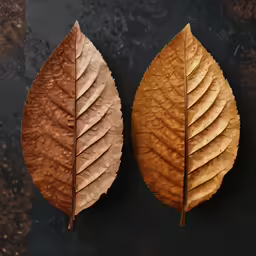 two brown leaves are in close up and on the ground
