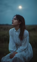 a woman sits in a grassy field while the moon is above her