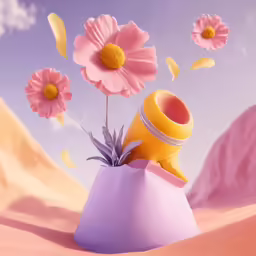 a vase of flowers floating above a desert landscape