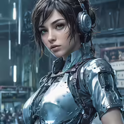 a girl in futuristic clothing with headphones standing next to some stairs