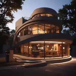 a very unique house at night with a patio and dining table