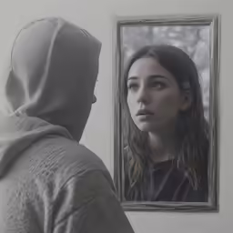 a person looking into a mirror with a hoodie
