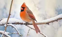 a cardinal perched on a branch while snow falls