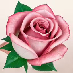 close up of pink rose with green leaves on it