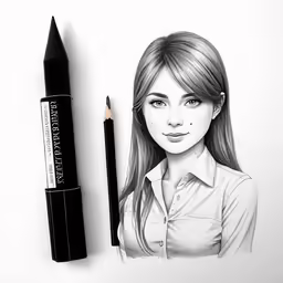 an illustration of a girl, pencil and paper with a picture on it