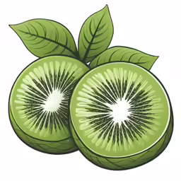 a kiwi fruit cut in half and whole with green leaves