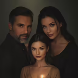 three people, a man and a woman, standing behind a candle