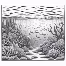 an ink drawing shows fish swimming in the water