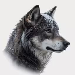 the wolf looks like he is covered in snow