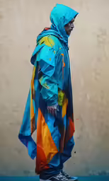 a person wearing an all colored jacket and blue cap