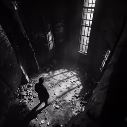 a person standing in a dark room next to a window