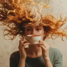 a woman that is sitting in a cup with curly hair