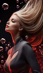 woman with blowing hair looking up at bubbles