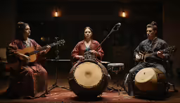three musicians sit together on a stage and play their instruments