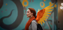 there is a model in front of a colorful wall
