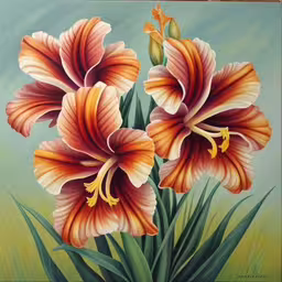 this painting has orange and white flowers in it,two flowers painted in acrylic on a canvas,a painting of two orange flowers that are by itself,a painting of two orange flowers is on display,painting of flowers in a frame on a wall