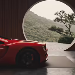 a sports car parked in front of a round window