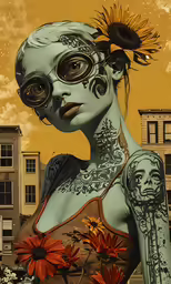 an image of woman with tattoos and sunflowers