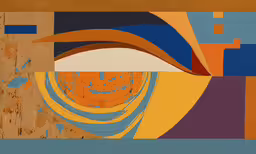 an orange and blue square surrounded by squares,a square with an orange and blue design next to the image of a yellow building