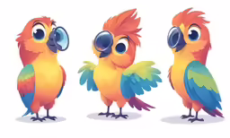 three cartoon birds with different types of eyes