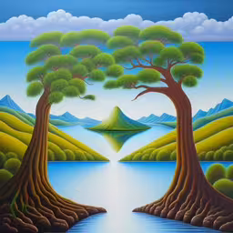 an artwork piece, with two trees and water,a painting on canvas of trees in front of the river,painting of trees and mountains in a landscape,painting of the scenery has trees and water,an image of some trees that are by a lake