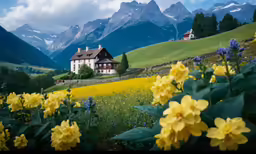 a house sitting on top of a hill covered in mountains