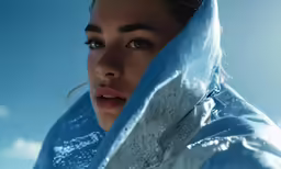 a woman in blue is under a rain cover
