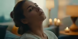 the woman is looking up at some candles