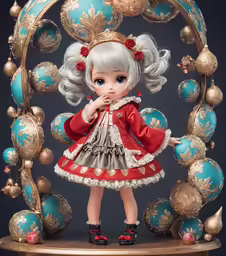 a doll that is standing in front of a bunch of balls
