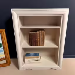a book shelf next to a small painting,there is a white book shelf with books on it,a shelf with books and a framed photograph,the painting on the wall is next to a bookcase,a bookshelf with two shelves and a painting