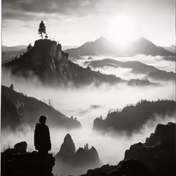 the person is standing at the peak with his back to the camera