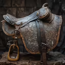 the old saddle is made of leather and has a large buckle around it