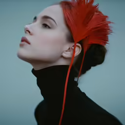 a woman with a red feather on her head