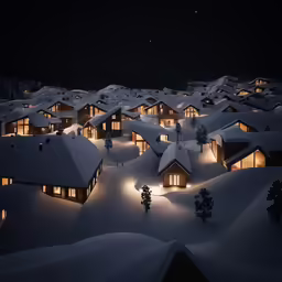 an illuminated winter scene with snow covered buildings