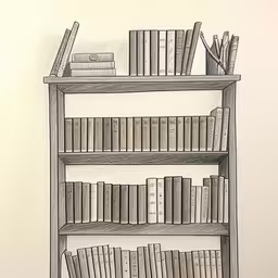a drawing of books on a bookshelf,a book shelf that has many books and various writing implements on it,a drawing of books are sitting on the shelf,a drawing of books on a bookshelf,an ink drawing of a bookshelf filled with lots of books