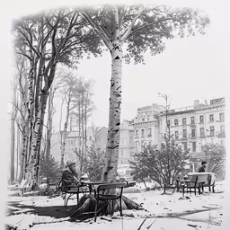 a black and white photo of a snowy park scene with several people sitting in the benches