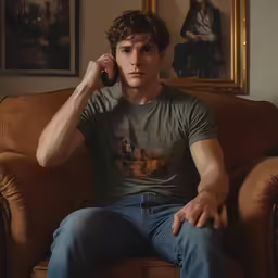 a man sitting in a brown couch talking on a phone