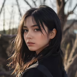 an asian woman with black hair posing for a picture