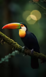 the bright colored bird is perched on a tree limb