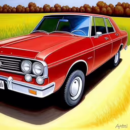 a painting of a red ford falcon by a field,an old classic car is parked on the road in front of an unpainted corn field