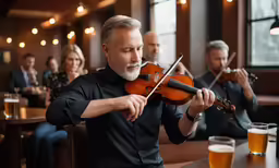 a man holding a violin in his hands while playing music