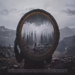 a man is looking through a circular window