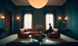 a person sitting in a living room with a couch and coffee table