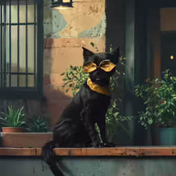 a black cat wearing gold jewelry and wearing a costume
