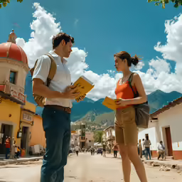 two people standing on a street with a clock tower in the background