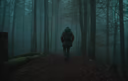 a person in an orange jacket and backpack walking through the woods