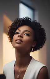 young beautiful african american woman in white dress looking up at the sky