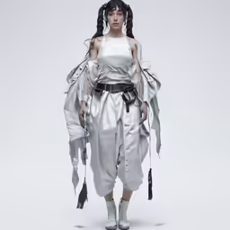 a woman wearing white clothing on a white background